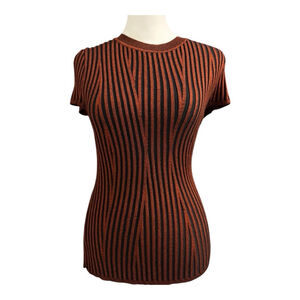 DKNY Short Sleeved Ribbed Sweater Russet/Black Copper Women's Top Med. NWT